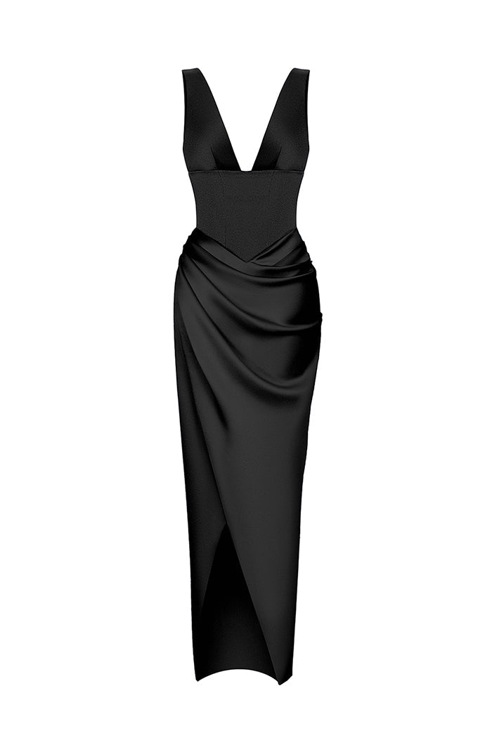Rasario Satin Long Midi Dress With A Draped Skirt