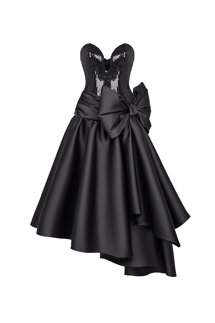 Rasario Sequined Corset Long Midi Dress With Asymmetric Skirt