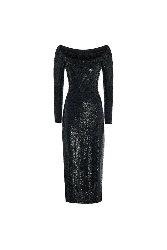 Rasario Sequined Long Midi Dress With A Side Slit