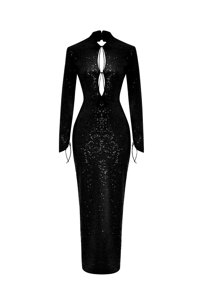 Rasario Sequinned Long Midi Dress With Cutouts And Opened Back