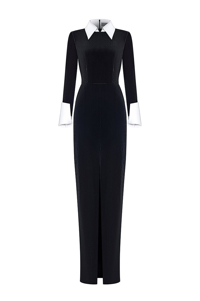 Rasario Velvet And Satin Maxi Dress With A Slit