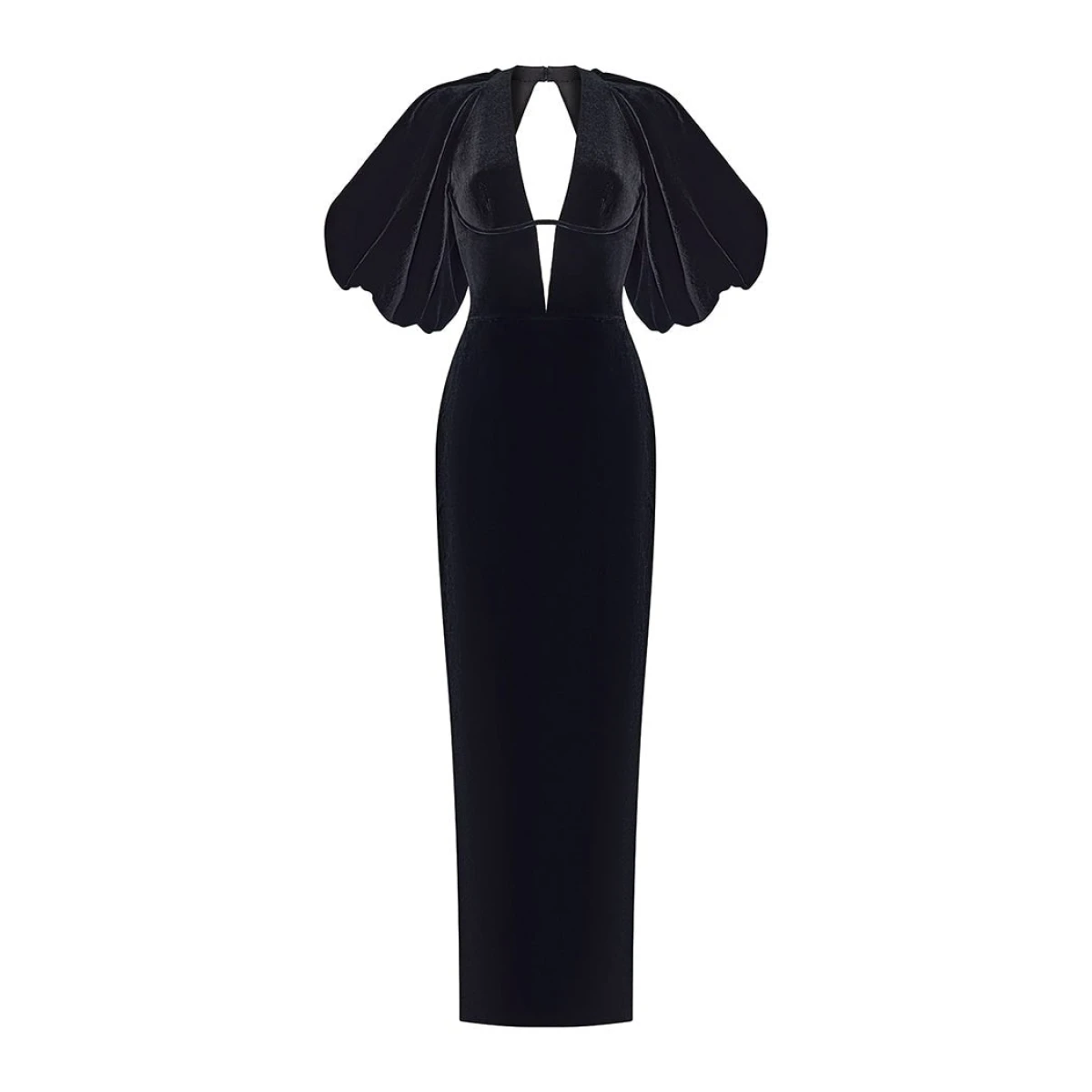 Rasario Velvet Long Midi Dress With Voluminous Sleeves And A Cutout