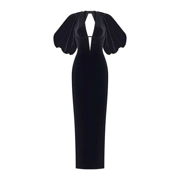 Rasario Velvet Long Midi Dress With Voluminous Sleeves And A Cutout