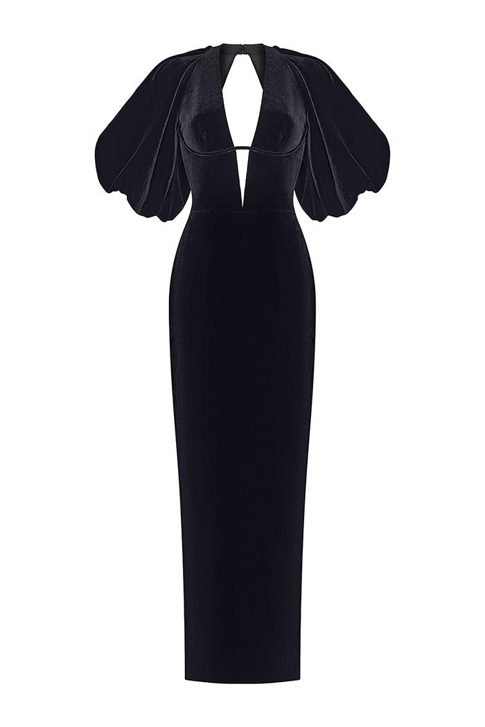 Rasario Velvet Long Midi Dress With Voluminous Sleeves And A Cutout