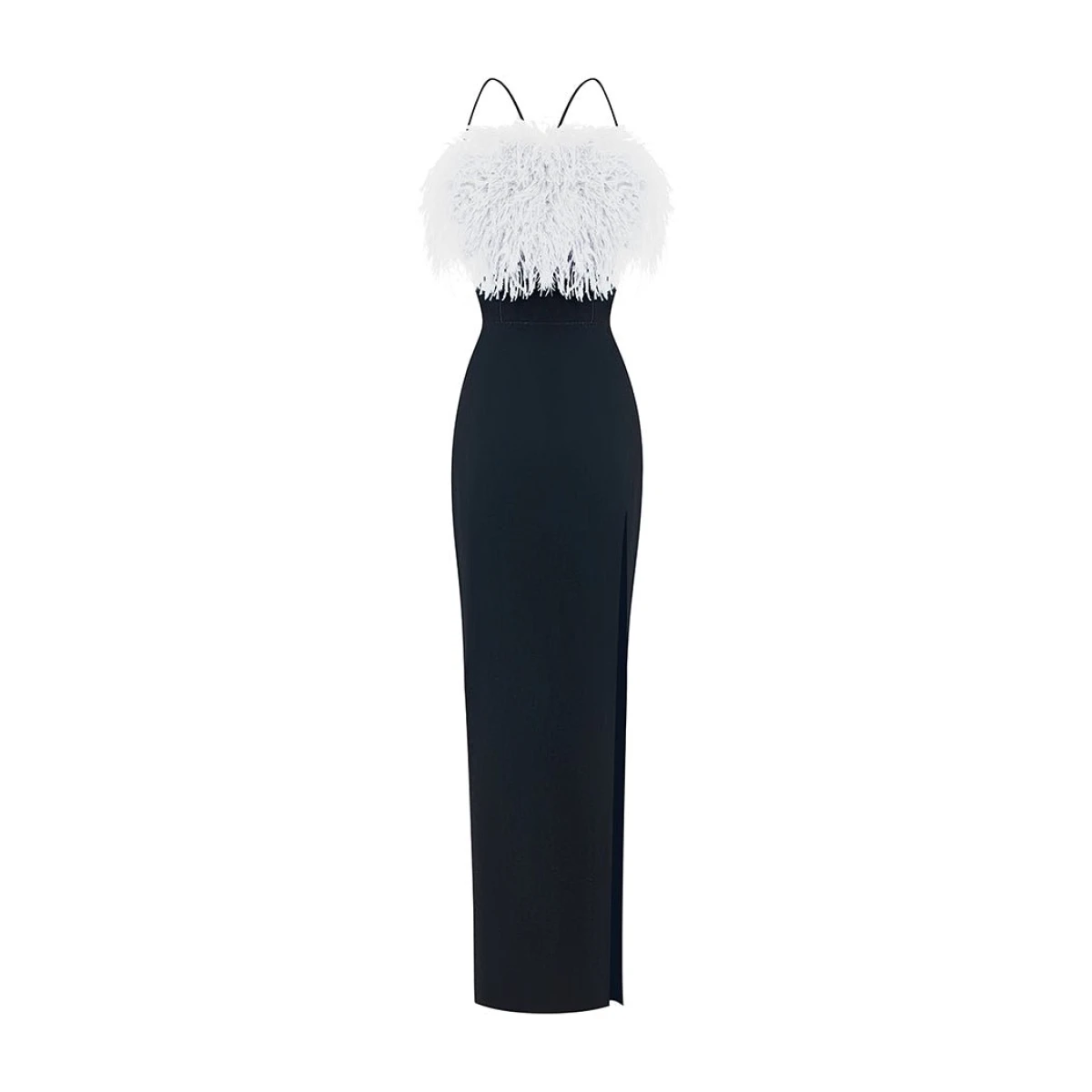 Rasario Velvet Maxi Feather-Trimmed Dress With A Side Slit