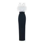 Rasario Velvet Maxi Feather-Trimmed Dress With A Side Slit