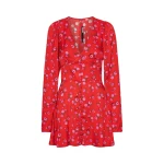 Printed V-Neck Mini Dress Red