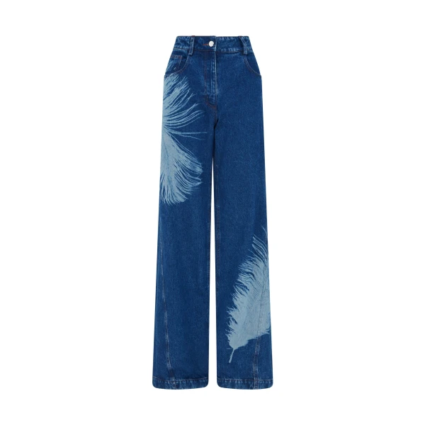 David Koma Feather Print Wide Leg Denim Trousers