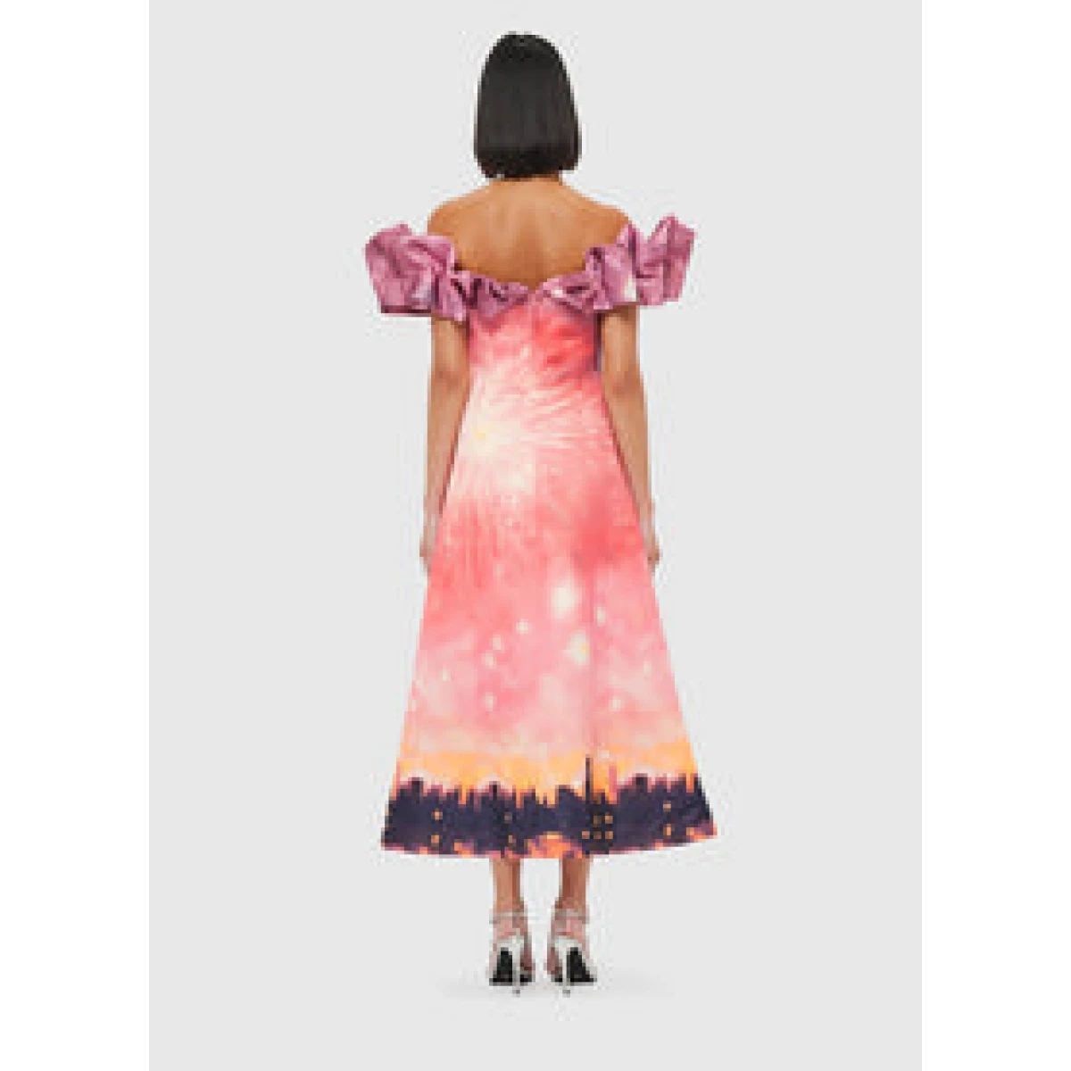 Annie Off Shoulder Frill Midi Dress - Afterglow Print