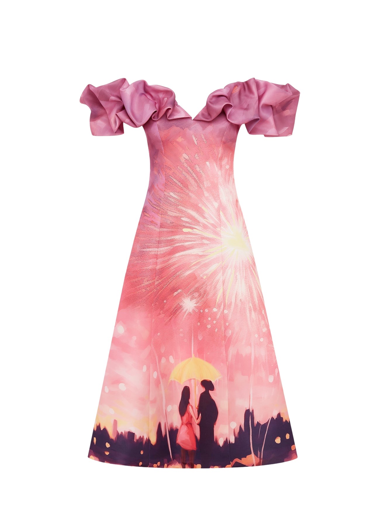 Leo Lin Annie Off Shoulder Frill Midi Dress – Afterglow Print