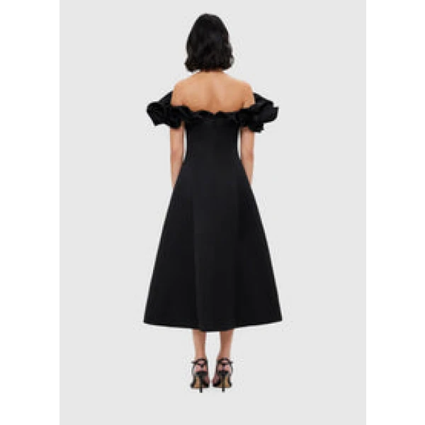 Annie Off Shoulder Frill Midi Dress - Ebony