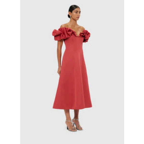 Annie Off Shoulder Frill Midi Dress - Mulberry