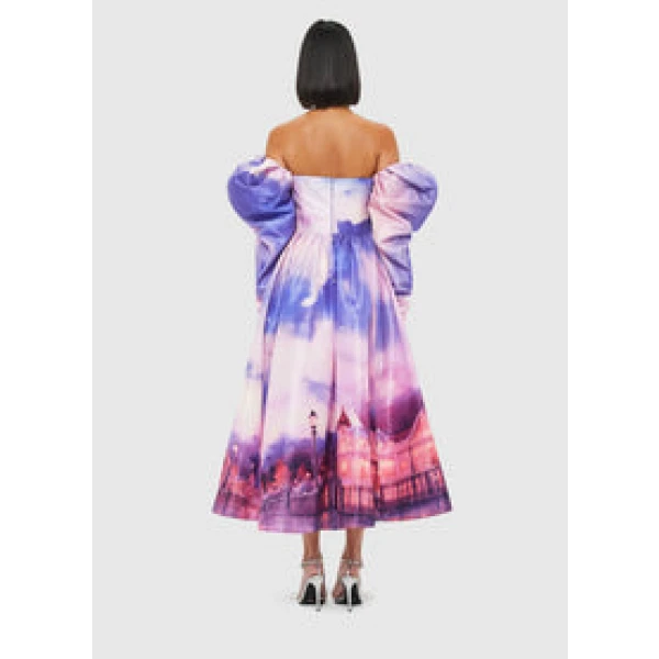 Ina Off Shoulder Bustier Midi Dress - Fairground Print