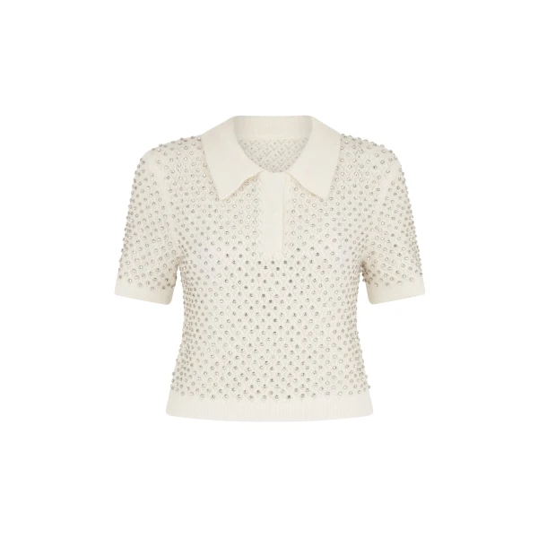 David Koma Crystal Embroidered Polo Knit Top