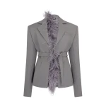 David Koma Feather Trim Tailored Jacket In Grey