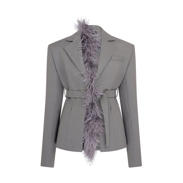 David Koma Feather Trim Tailored Jacket In Grey