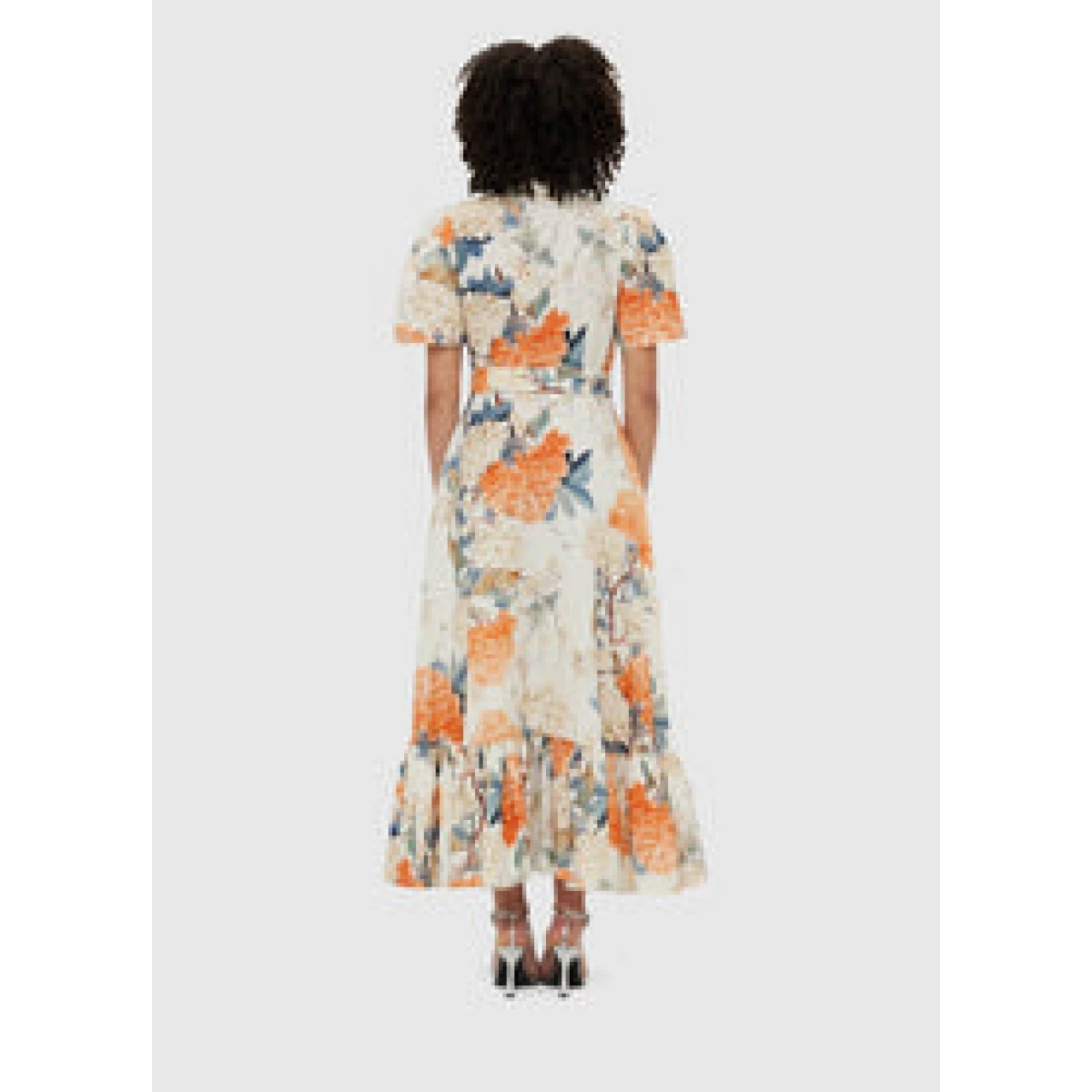 Bianca Short Sleeve Midi Dress - Hydrangea Print in Vanilla