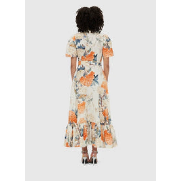 Bianca Short Sleeve Midi Dress - Hydrangea Print in Vanilla