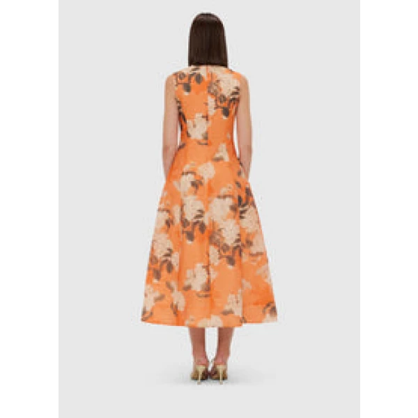 Cleo Sleeveless Midi Dress - Hydrangea Print in Tangerine