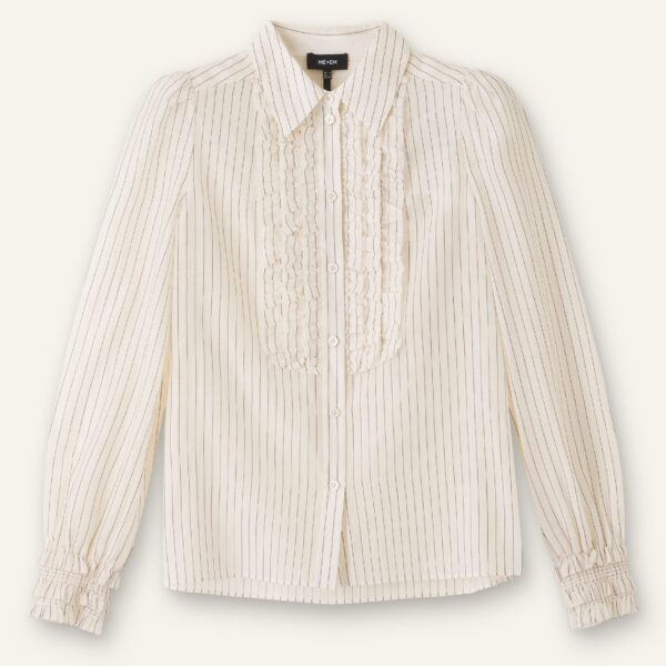 Silk Cotton Pinstripe Ruffle Blouse - Image 6