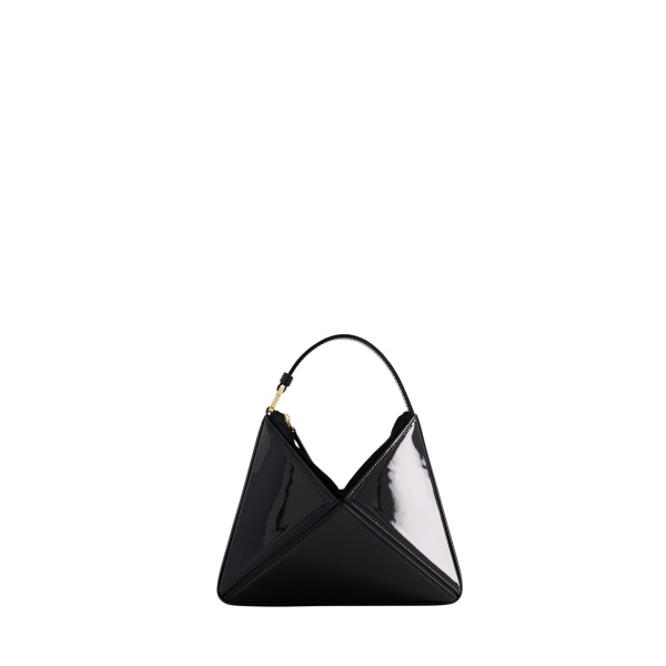 Mlouye Mini Flex Bag - Patent Black Bag a Architectural Leather Handbag in Black at Coveti Luxury