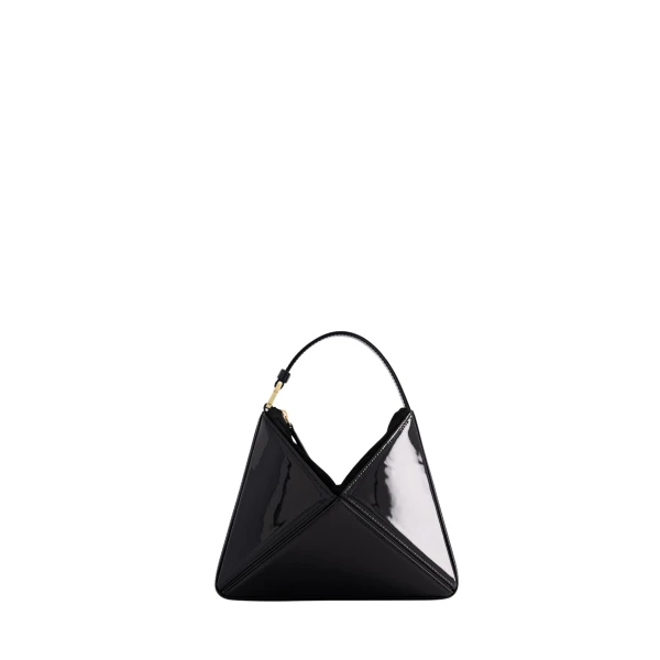 Mlouye Mini Flex Bag - Patent Black Bag a Architectural Leather Handbag in Black at Coveti Luxury