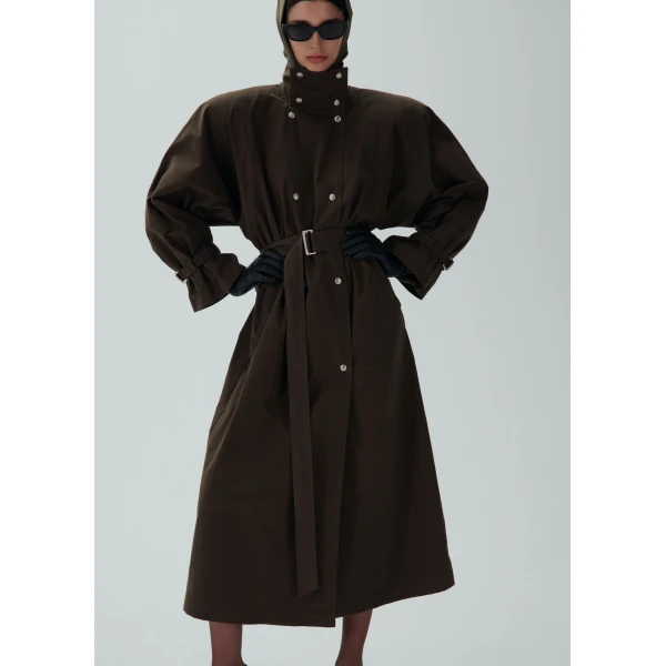 Magda Butrym Cotton high collar trench coat in brown