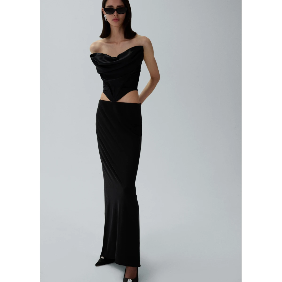 Magda Butrym Draped satin strapless corset Top in black