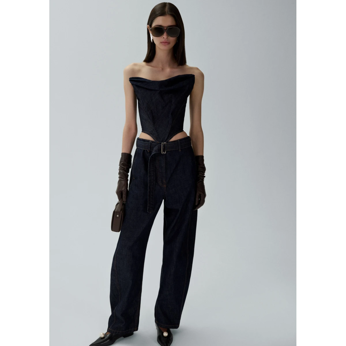 Magda Butrym Draped strapless denim corset Top in navy