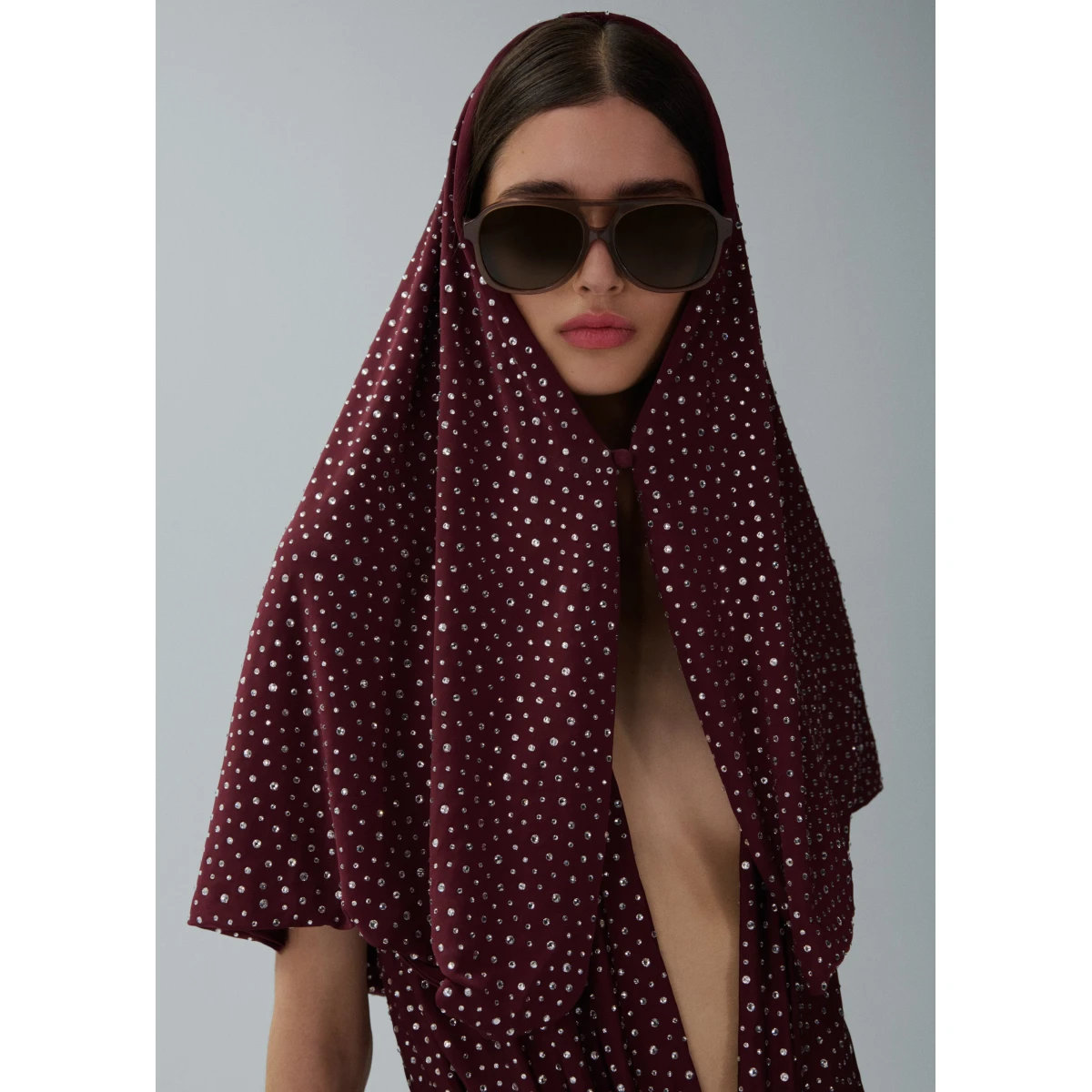 Magda Butrym Hooded plunge maxi dress in bordeaux crystals