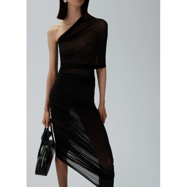 Magda Butrym One shoulder draped midi dress in black