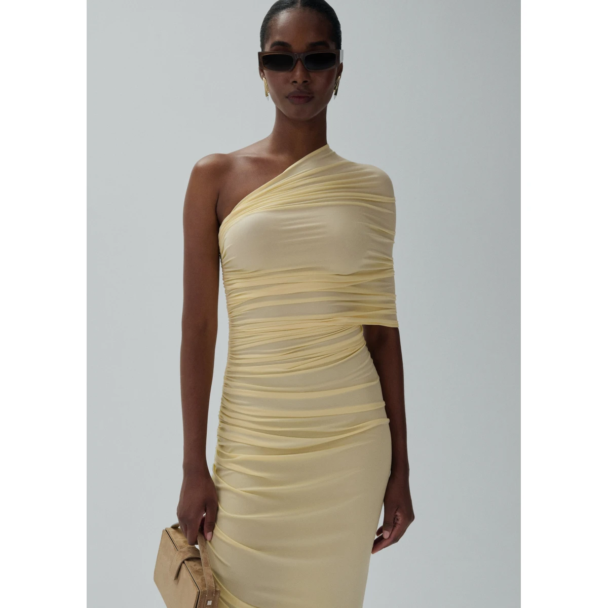 Magda Butrym One shoulder draped midi dress in yellow