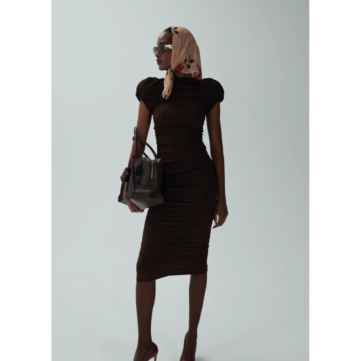 Magda Butrym Puff sleeve midi dress in brown