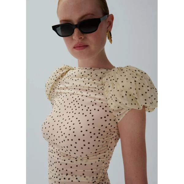 Magda Butrym Puff sleeve ruched blouse in cream dots