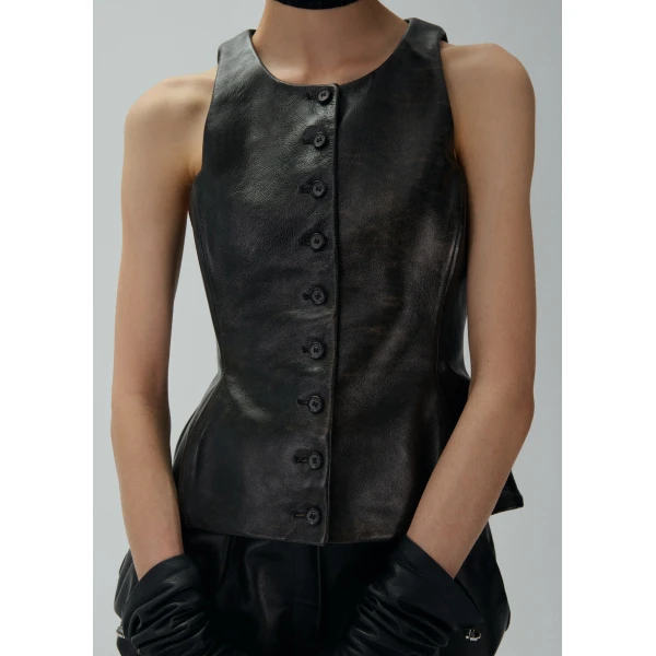 Magda Butrym Round neck leather waistcoat in black vintage