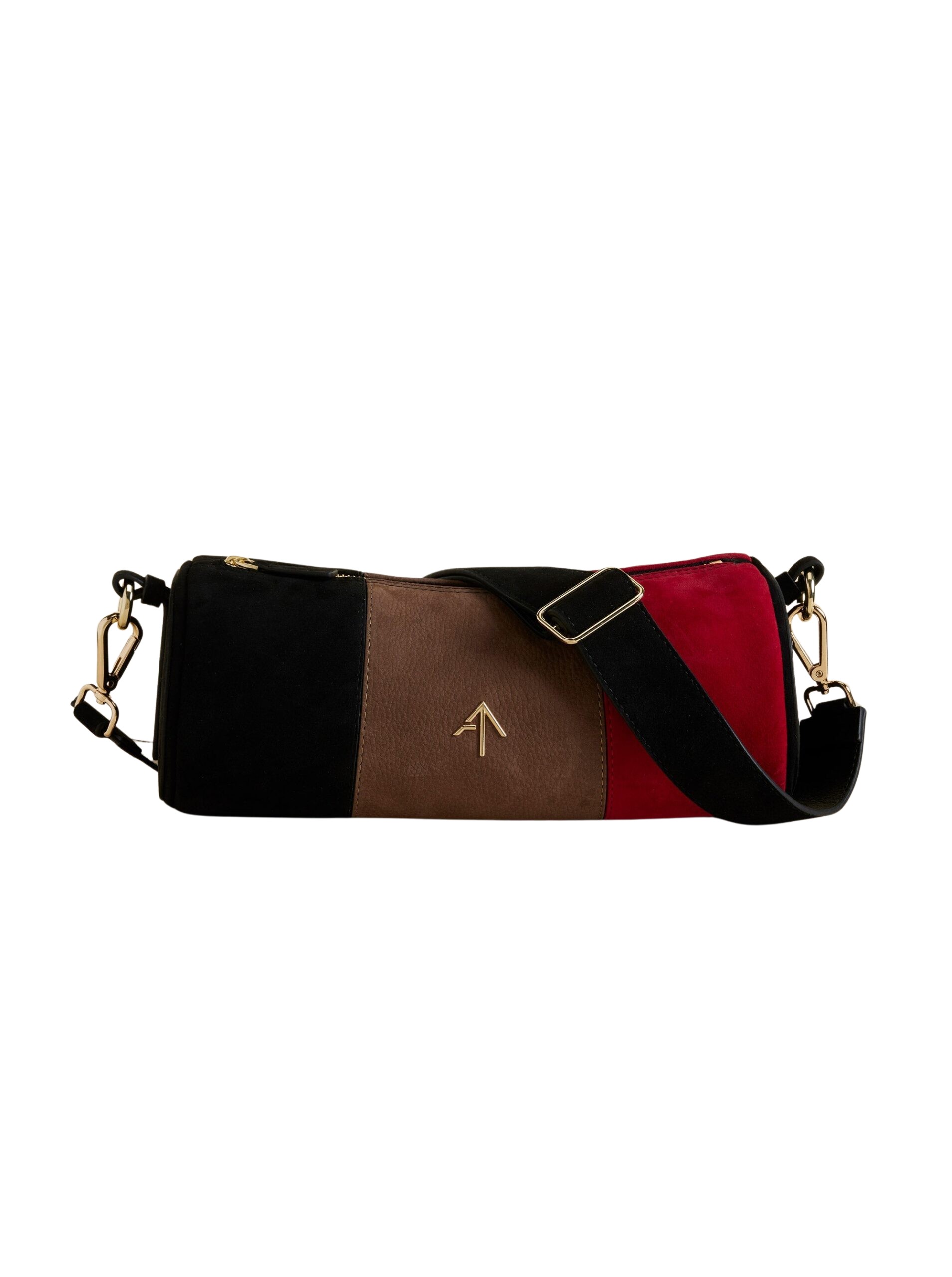 Manu Atelier Cylinder Black Suede & Taupe Nubuck & Red Soft luxury Bags from Coveti Marketplace