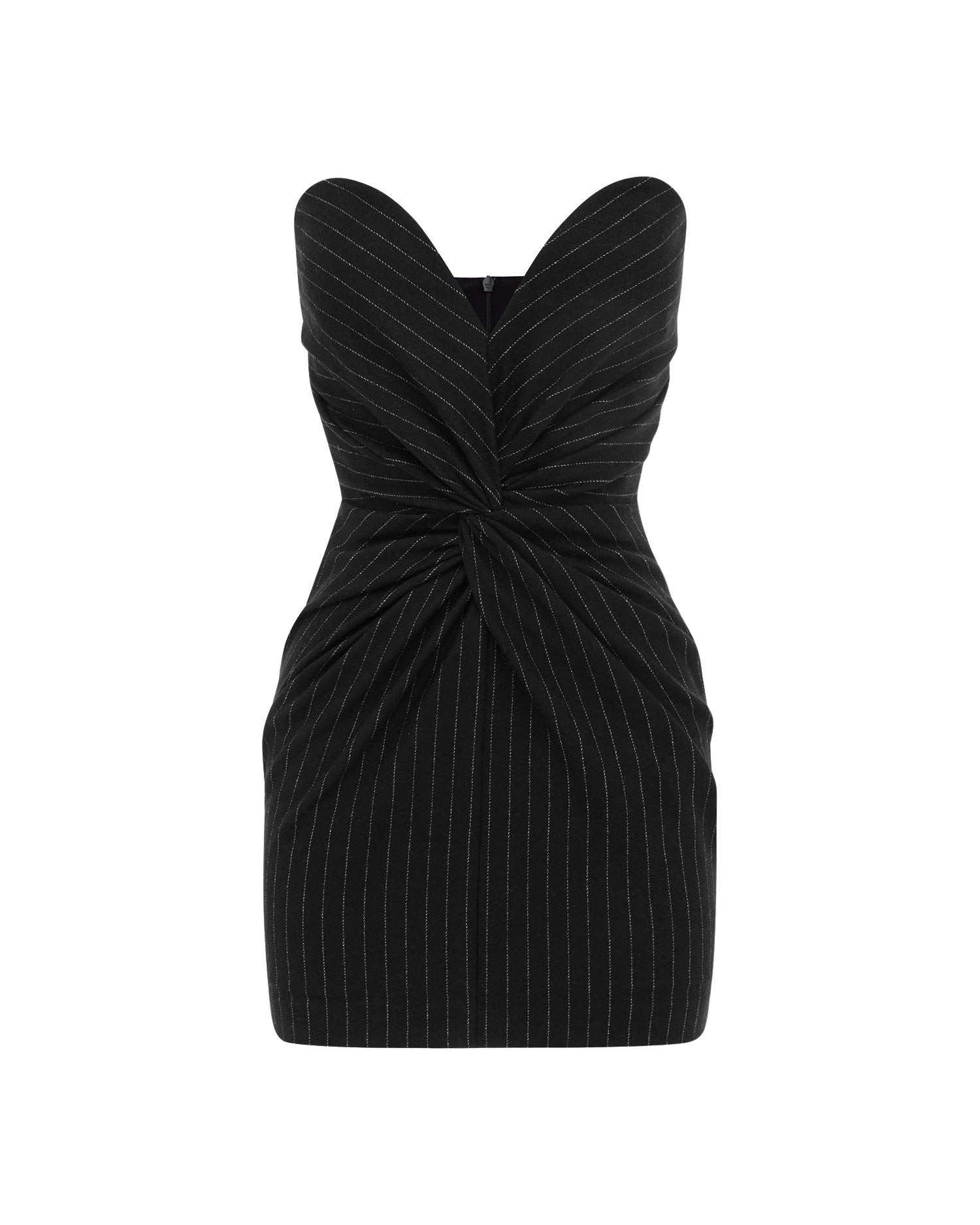 Alex Perry Strapless Sweetheart Twist Mini Dress in Wool Pinstripe