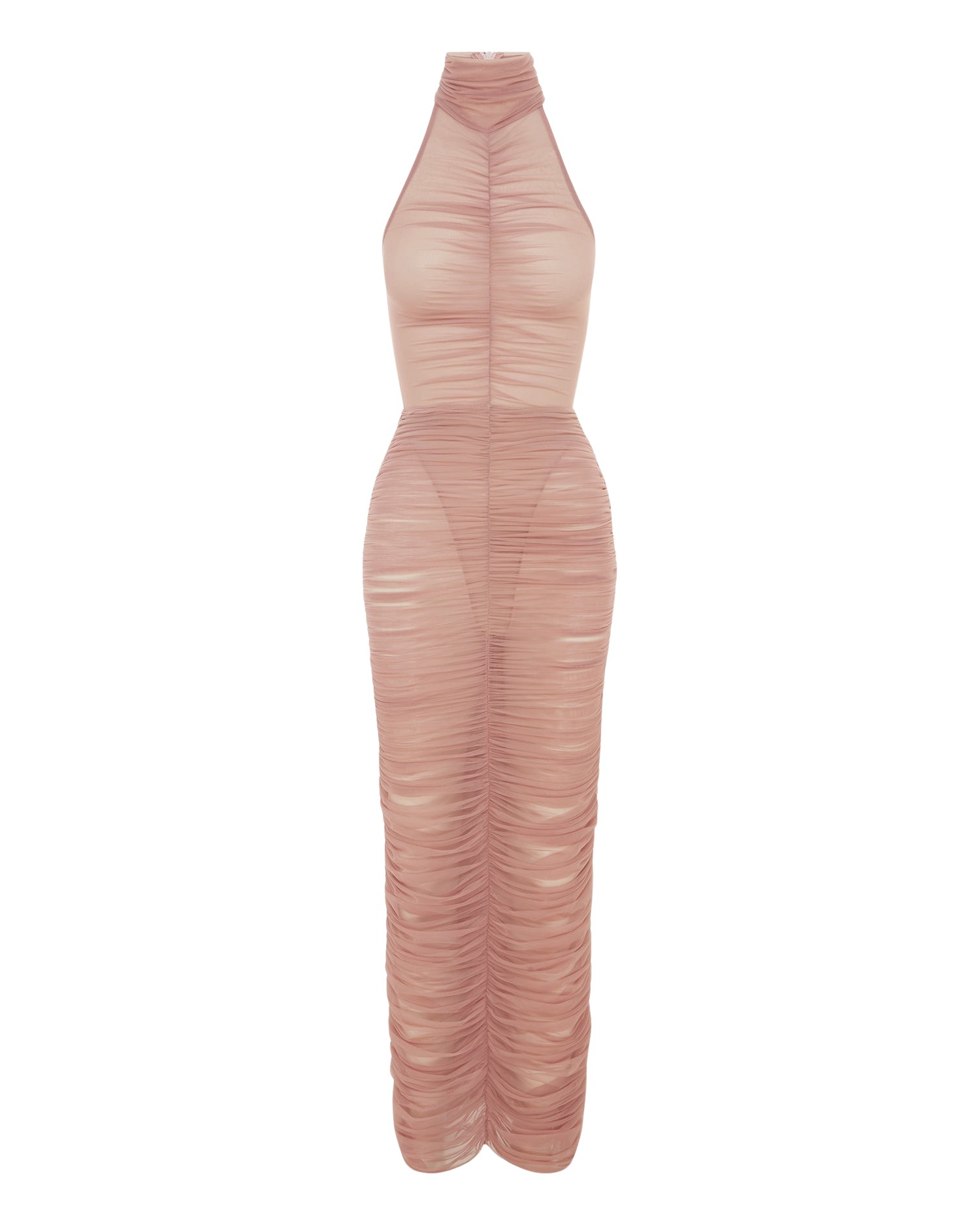 Alex Perry Turtleneck Ruched Column in Fine Mesh Dress