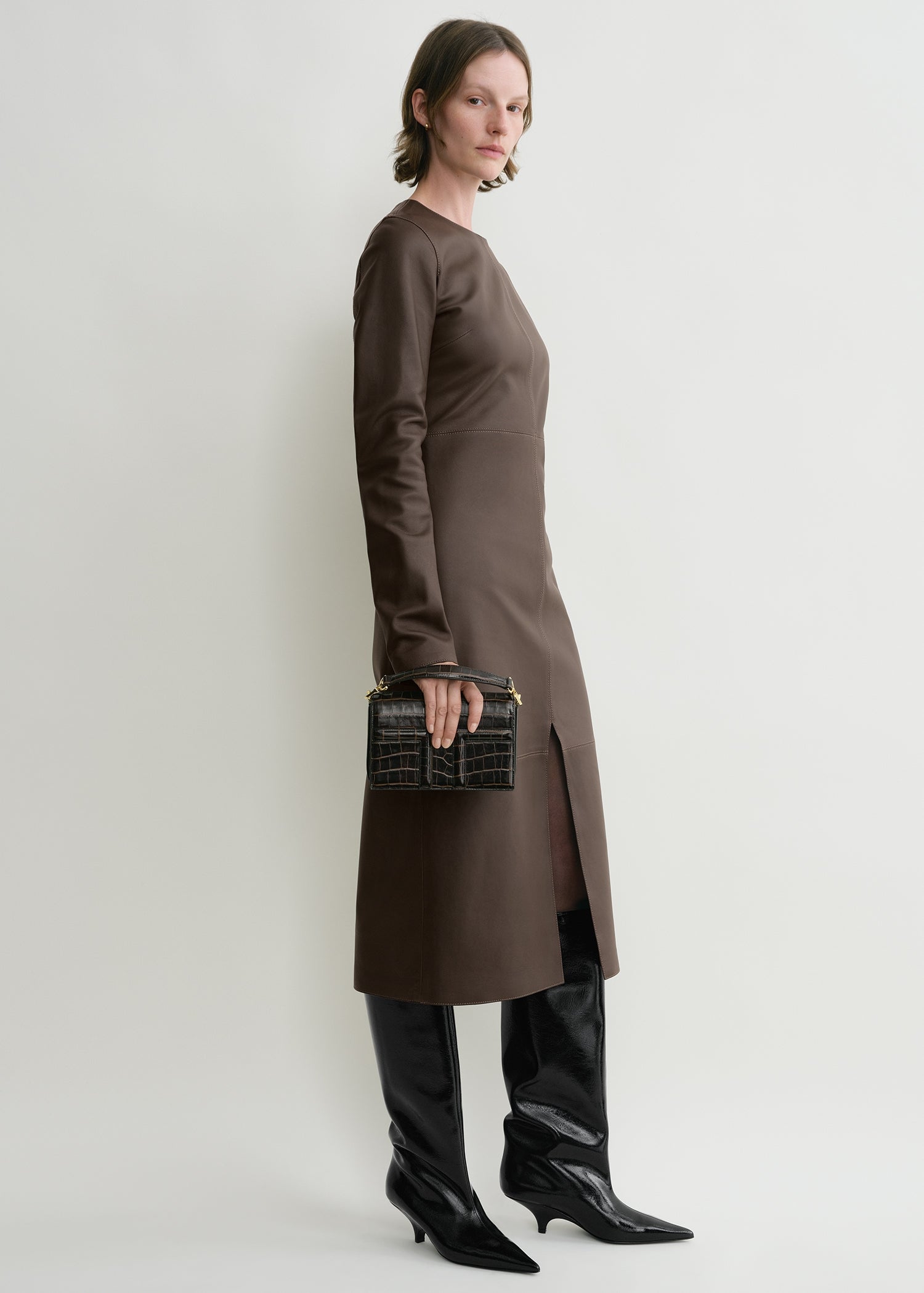 Mini T-Flap croco-embossed bag dark brown Coveti