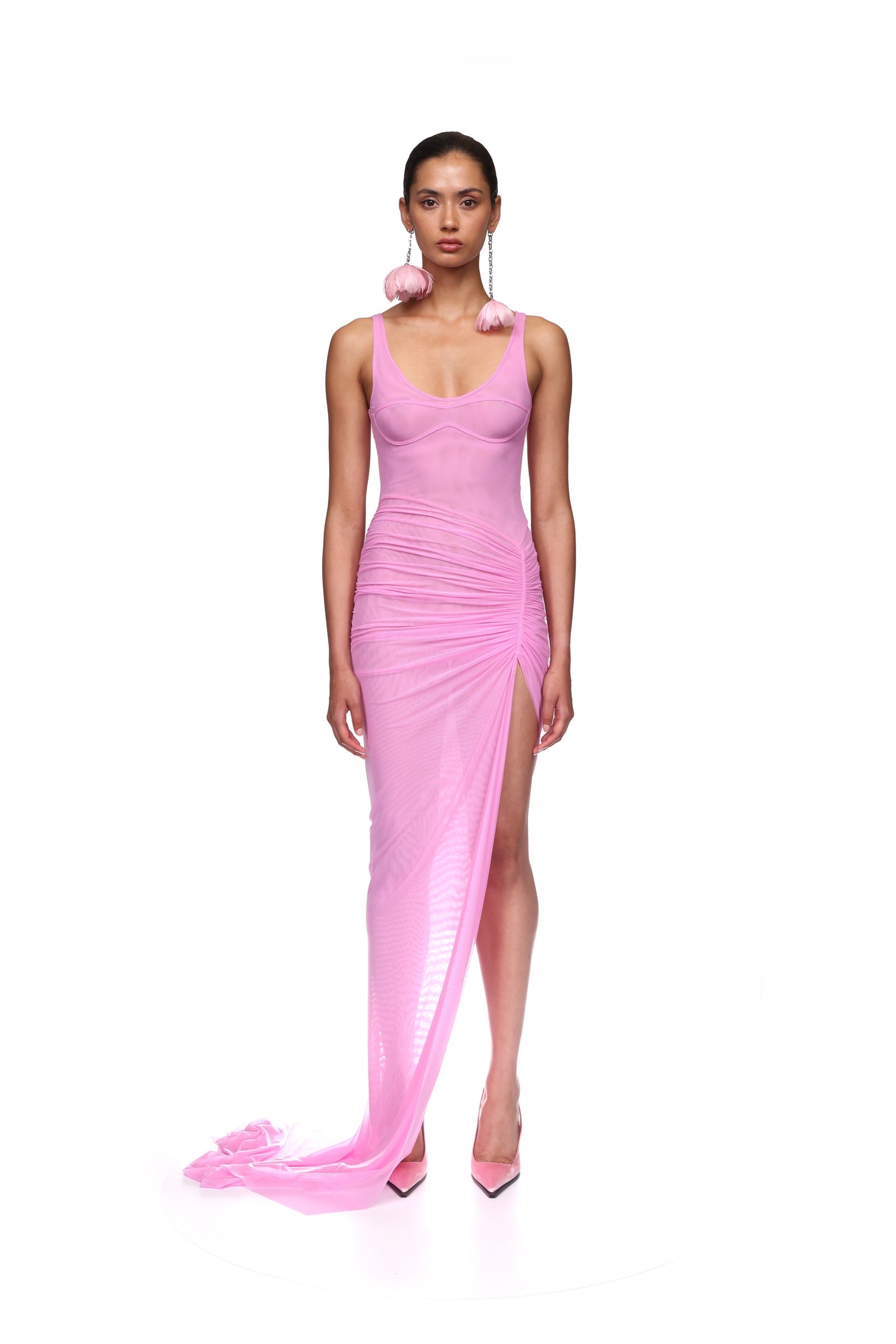 VIP【関税送料無料】希少 DAVID KOMA NEON PINK SATIN DRESS BALCONETTE BRA SEQUIN MIDI DRESS – David Koma