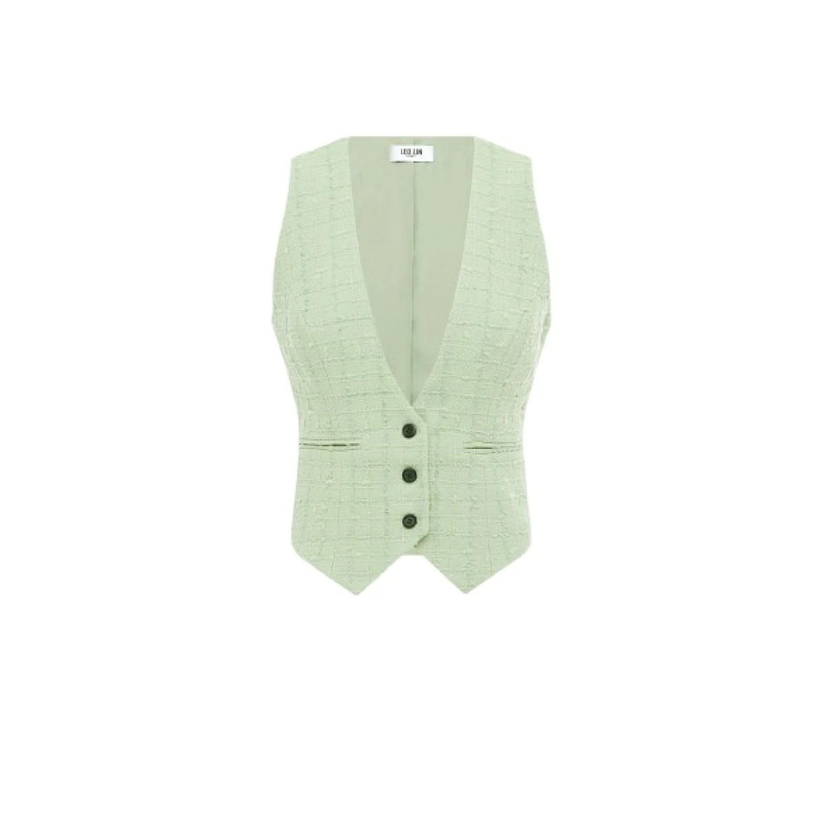 Leo Lin green vest – sleeveless tailored vest with structured silhouette, front buttons, and lapel collar.