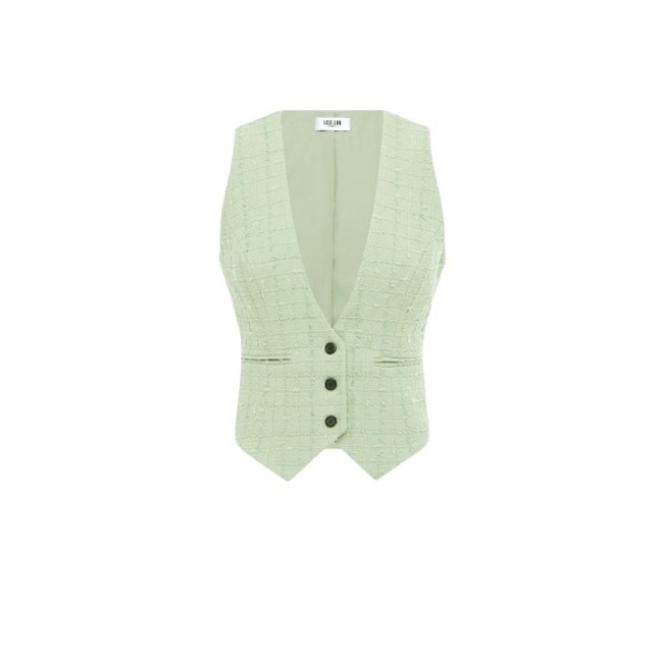Leo Lin green vest – sleeveless tailored vest with structured silhouette, front buttons, and lapel collar.