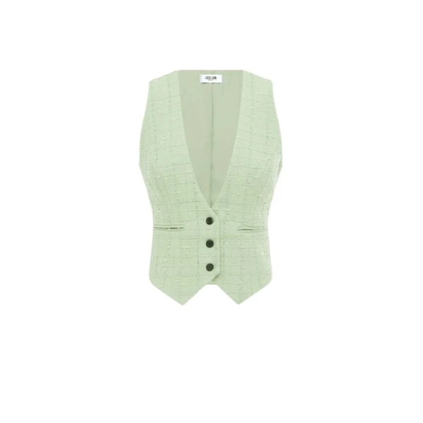 Leo Lin green vest – sleeveless tailored vest with structured silhouette, front buttons, and lapel collar.