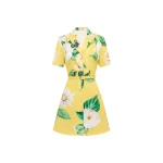 Leo Lin yellow floral mini dress – collared shirtdress with short sleeves, belted waist, and A-line silhouette.