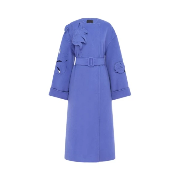 Leo Lin purple coat – sleeveless tailored coat with flared hem, floral embellishments, and structured silhouette.