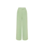 Leo Lin green tweed wide-leg pants – high-waisted trousers with front button closure, belt loops, and side pockets.
