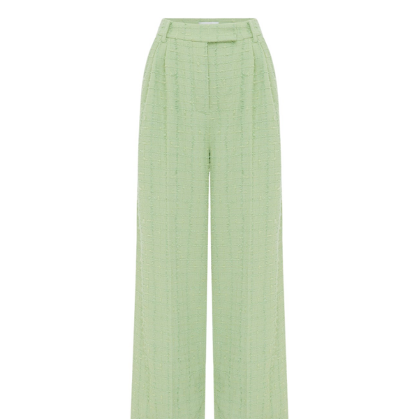 Leo Lin green tweed wide-leg pants – high-waisted trousers with front button closure, belt loops, and side pockets.