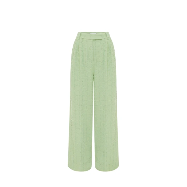 Leo Lin green tweed wide-leg pants – high-waisted trousers with front button closure, belt loops, and side pockets.