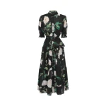 Leo Lin black midi dress – bishop sleeves, high neckline, fitted waist, and flared skirt.