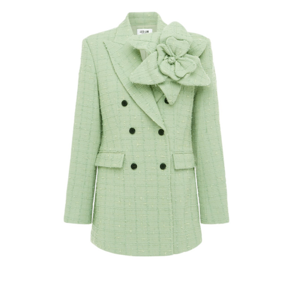 Leo Lin green blazer – tailored single-breasted blazer with structured shoulders, notched lapels, and floral appliqué detailing.